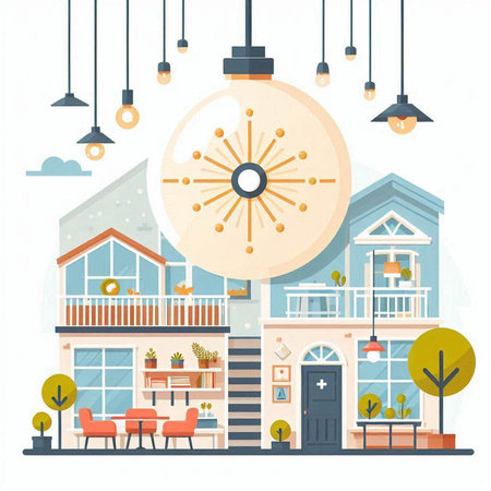 Vector illustration of a cozy house with a big light bulb. Flat style.のイラスト素材