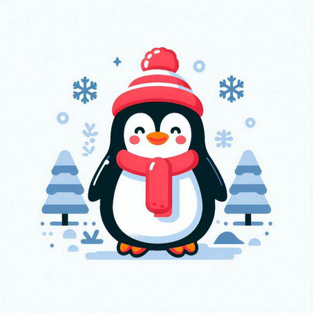 Cute penguin in a hat, scarf and mittens. Vector illustration.のイラスト素材