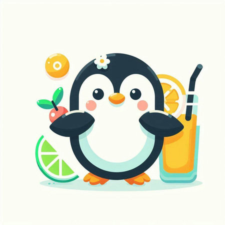 Cute cartoon penguin character with a glass of juice. Vector illustration.のイラスト素材