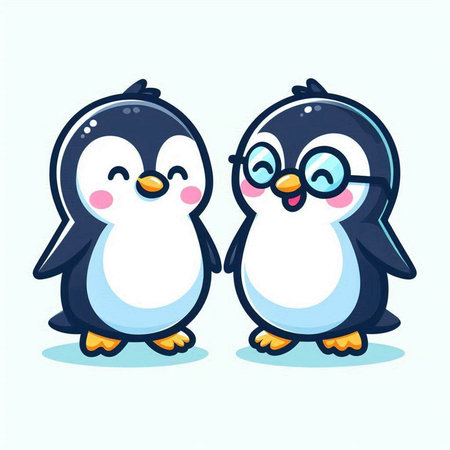 Cute cartoon penguin couple. Vector illustration isolated on white background.のイラスト素材
