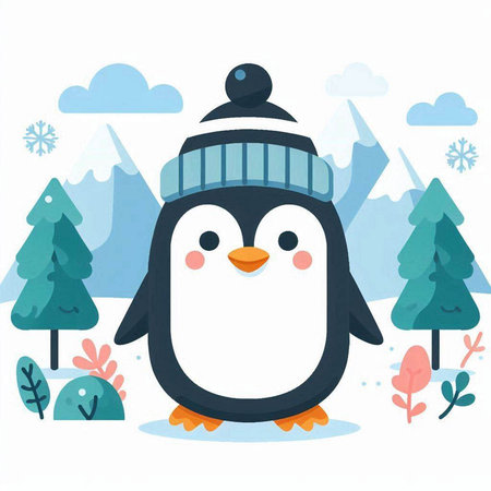 Cute cartoon penguin in a hat and scarf. Vector illustration.のイラスト素材