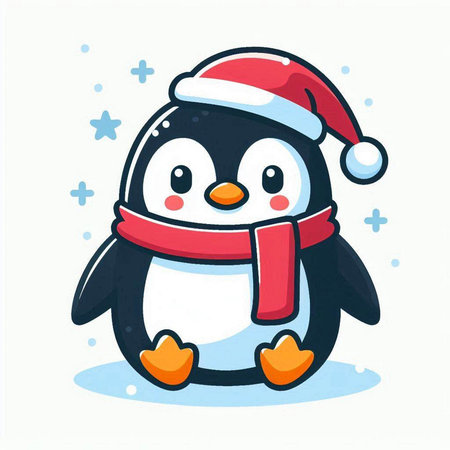 Cute cartoon penguin with Santa Claus hat. Vector illustration.のイラスト素材