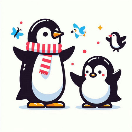 Cute penguin couple in winter clothes. Vector cartoon illustration.のイラスト素材