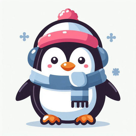 Cute cartoon penguin in a hat, scarf and mittens. Vector illustration.のイラスト素材