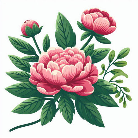 Pink peony flowers with green leaves isolated on white background. Vector illustration.のイラスト素材