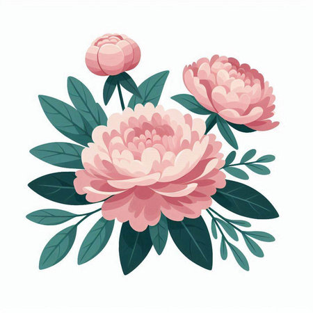 Beautiful pink peony flowers with green leaves. Vector illustration.のイラスト素材