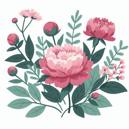 Hand drawn vector illustration of pink peony flowers and green leaves.のイラスト素材