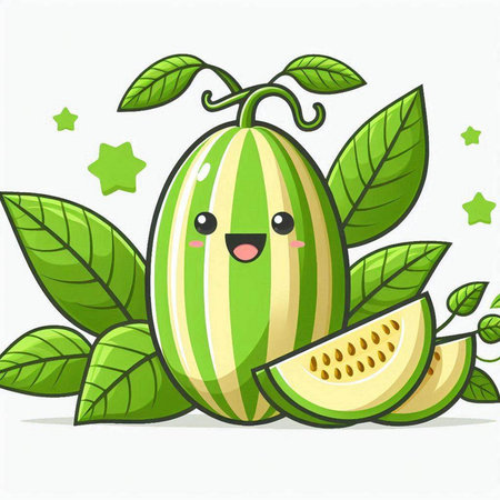 Cute cartoon watermelon character with green leaves isolated on white backgroundのイラスト素材