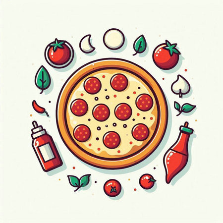 Pizza and ingredients. Vector illustration of pizza and ingredients on white background.のイラスト素材