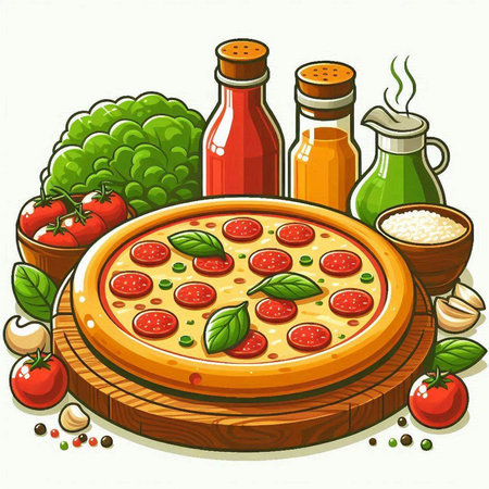 Illustration of pizza with ingredients on a white background. Vector illustration.のイラスト素材