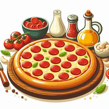 Illustration of a pizza with salami and tomatoes on a white backgroundのイラスト素材