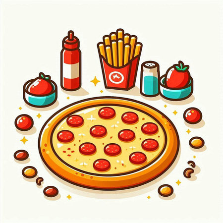 Illustration of pizza and fast food. Vector illustration in cartoon style.のイラスト素材