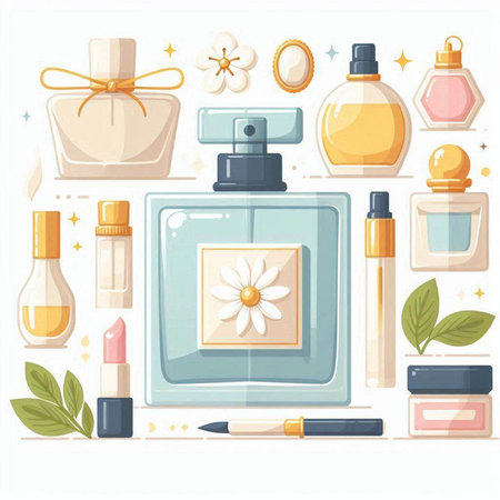 Perfume bottle and cosmetics icons. Vector illustration in flat styleのイラスト素材