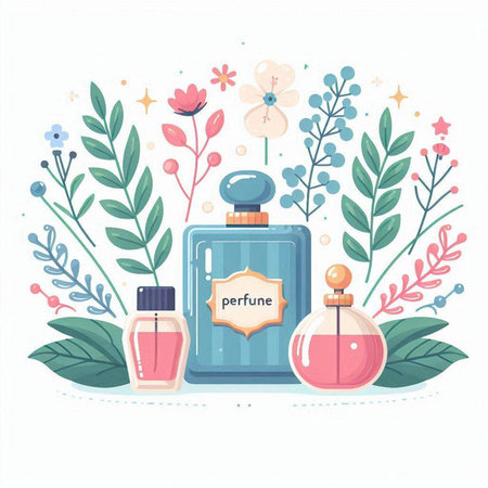 Perfume bottle and flowers. Vector illustration in flat style.のイラスト素材
