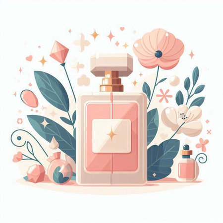 Perfume bottle with flowers and leaves. Flat style vector illustration.のイラスト素材