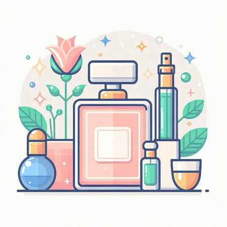 Perfume bottle and flowers in flat style. Vector illustration.のイラスト素材