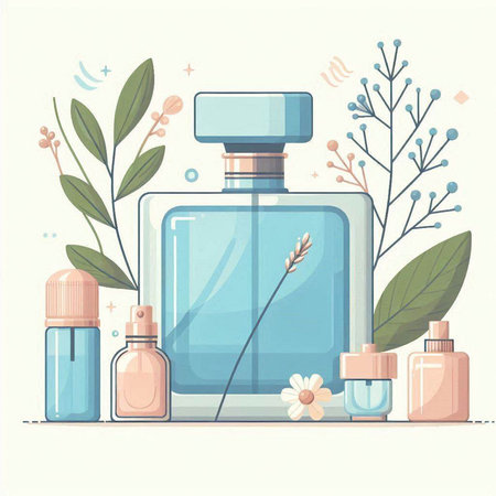 Cosmetic bottles with flowers and leaves. Vector illustration in flat styleのイラスト素材