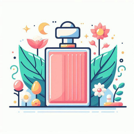 Perfume bottle with flowers and leaves. Flat style vector illustration.のイラスト素材