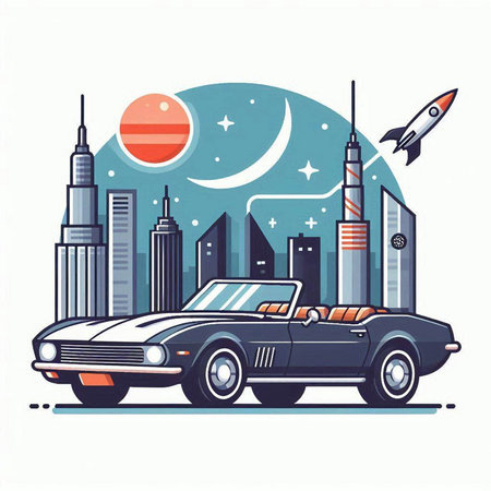 Retro car on the background of the city. Vector illustration.のイラスト素材