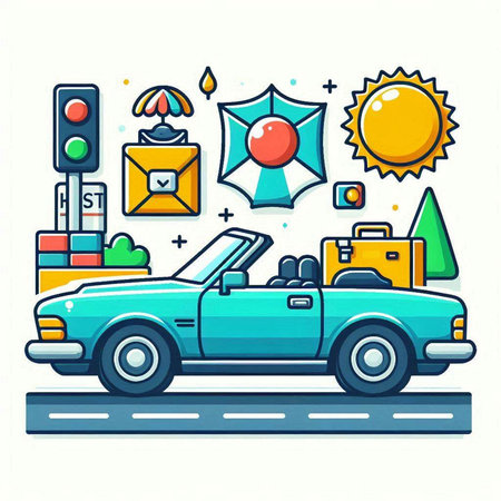 Cars with luggage on the road. Vector illustration in flat styleのイラスト素材