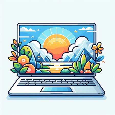 Laptop with nature landscape and sun. Vector illustration in flat styleのイラスト素材