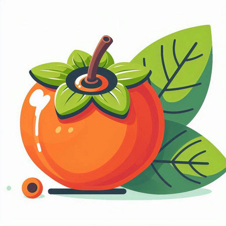Ripe persimmon with green leaves isolated on white background.のイラスト素材