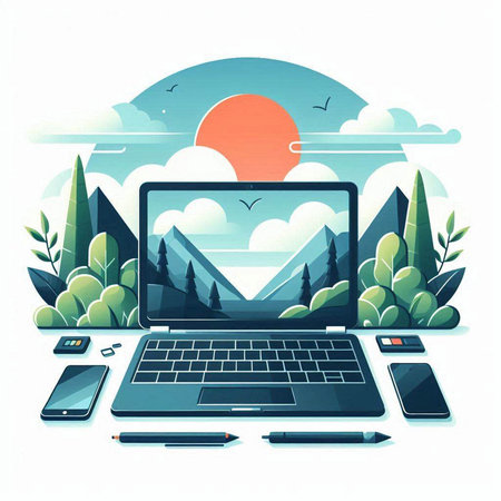 Laptop, phone and tablet with nature landscape. Vector illustration.のイラスト素材