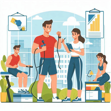 People in the gym. Vector illustration in flat cartoon style. Fitness and healthy lifestyle.のイラスト素材