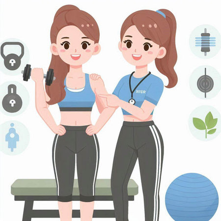 Female fitness trainer with a female patient. Ideal for informational and institutional materialsのイラスト素材