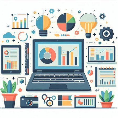 Laptop computer with business charts and icons. Modern flat vector illustration.のイラスト素材