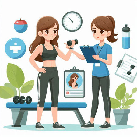 Fitness woman doing exercises with dumbbells in gym, vector illustrationのイラスト素材