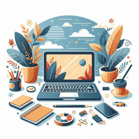 Laptop with stationery on white background. Flat style vector illustration.のイラスト素材