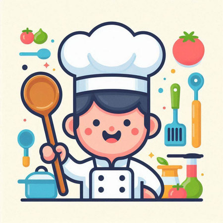 Cute cartoon chef with ladle and cooking tools. Vector illustrationのイラスト素材