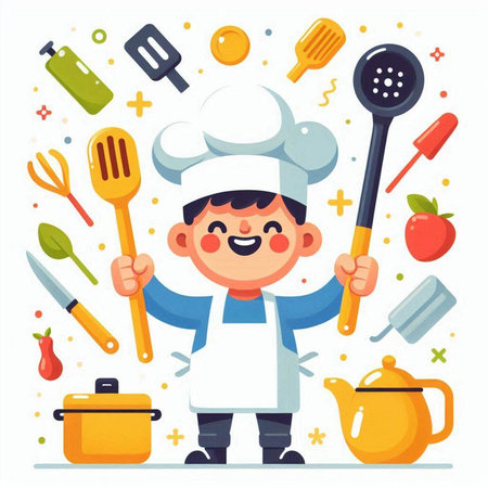 Chef boy with kitchen utensils. Vector illustration in cartoon styleのイラスト素材