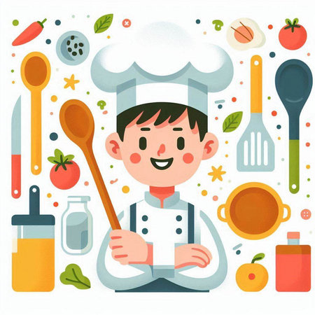 Cute cartoon chef with cooking tools. Vector illustration in flat styleのイラスト素材