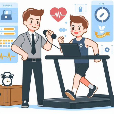 Man running on a treadmill with a personal trainer. Vector illustration.のイラスト素材