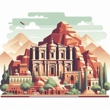 Travel to Egypt. Ancient temple in the mountains. Vector illustration.のイラスト素材