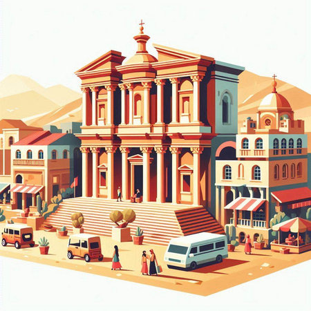 Mountain town with church and people. Retro style vector illustration.のイラスト素材