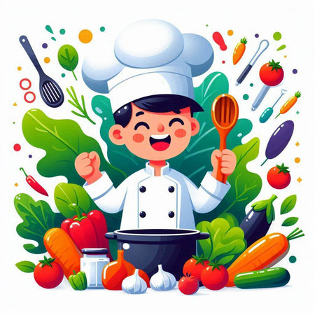 Chef boy with vegetables. Vector illustration in flat cartoon style.のイラスト素材