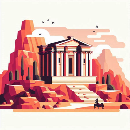Ancient Greek temple in the mountains. Vector illustration in flat style.のイラスト素材