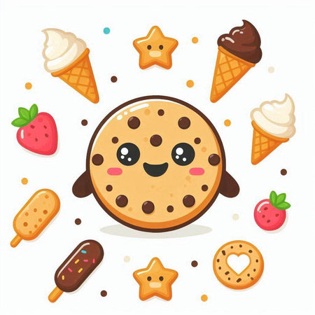 Cute Chocolate Chip Cookie and Ice Cream. Vector Illustration.のイラスト素材