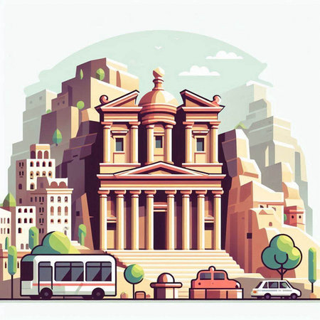 Cityscape with old building, tram and car. Vector illustration.のイラスト素材