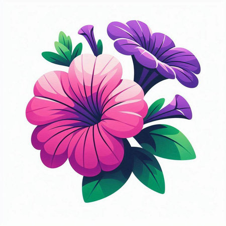 Illustration of a purple flower with green leaves on a white backgroundのイラスト素材