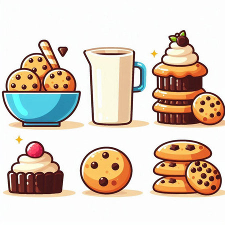 Illustration of a set of different cookies, cupcakes, chocolate chip cookies and coffee.のイラスト素材