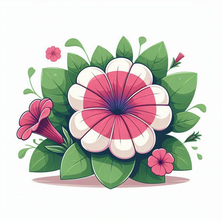 Illustration of pink and white flower with green leaves on white backgroundのイラスト素材