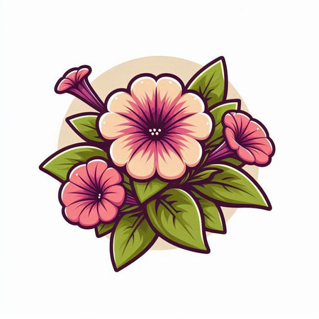 Illustration of a beautiful pink flower with green leaves on a white backgroundのイラスト素材