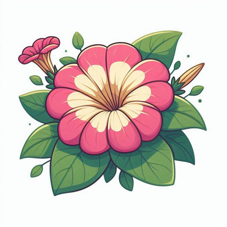 Illustration of a pink flower with green leaves on a white backgroundのイラスト素材