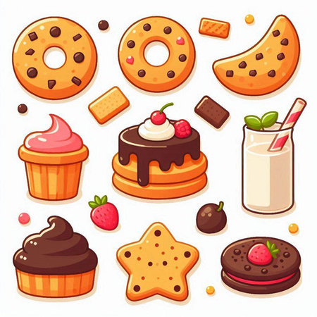 Set of different cookies and sweets. Vector illustration in cartoon style.のイラスト素材