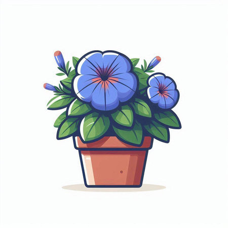 Flower pot with blue petunia flowers on white background. Vector illustration.のイラスト素材