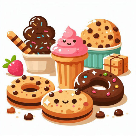 Vector illustration of donuts and cupcakes with chocolate glaze.のイラスト素材
